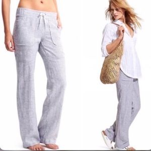 Athleta wide leg striped linen pants grey pull on drawstring waist